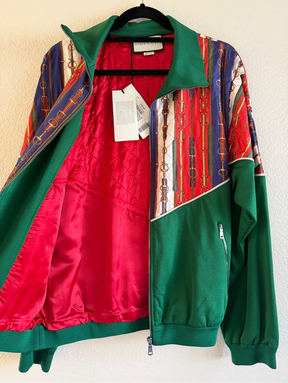 Gucci Green Track Jacket with Red and Navy Chain-Print Yoke